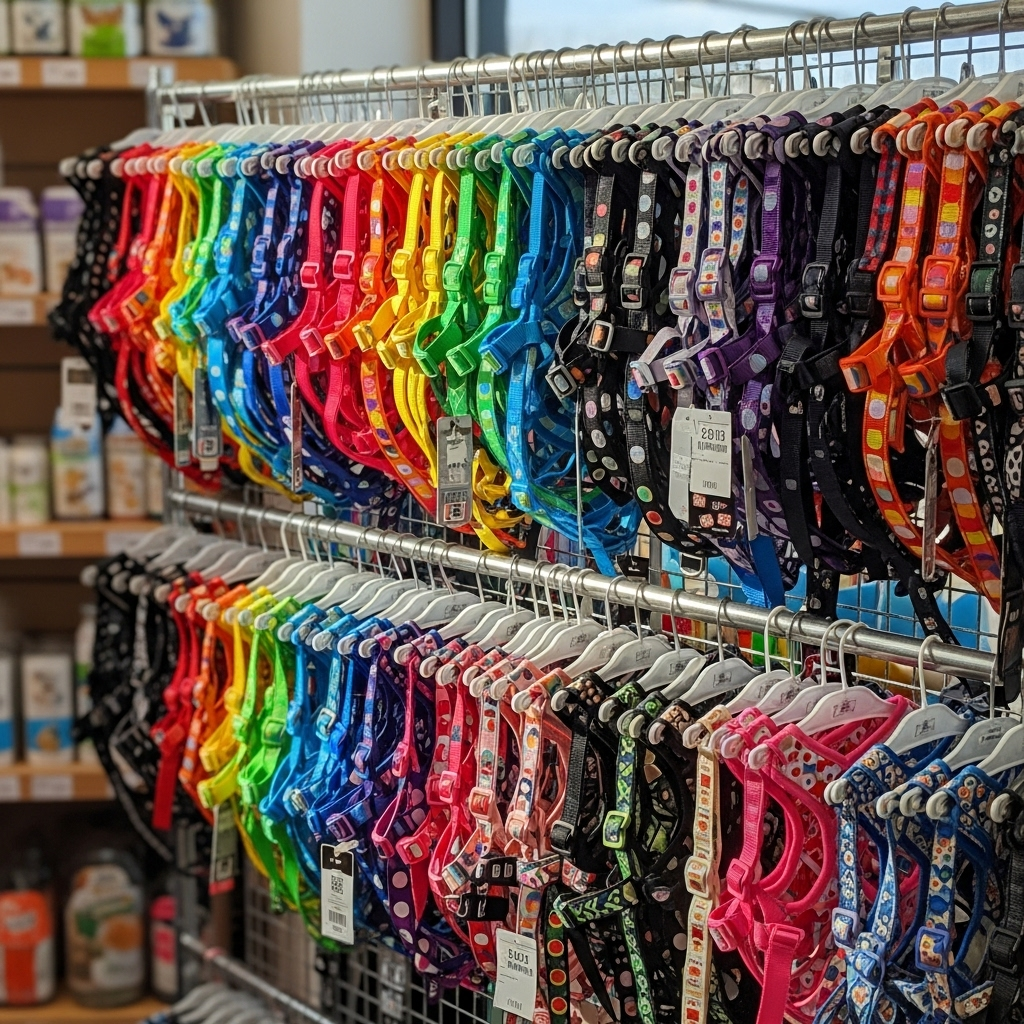 A collection of colorful dog harnesses hanging on a rack.