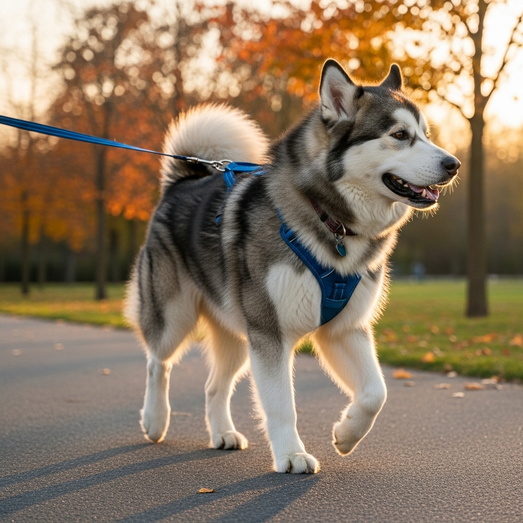 A large dog wearing a well-fitted no-pull harness on a walk