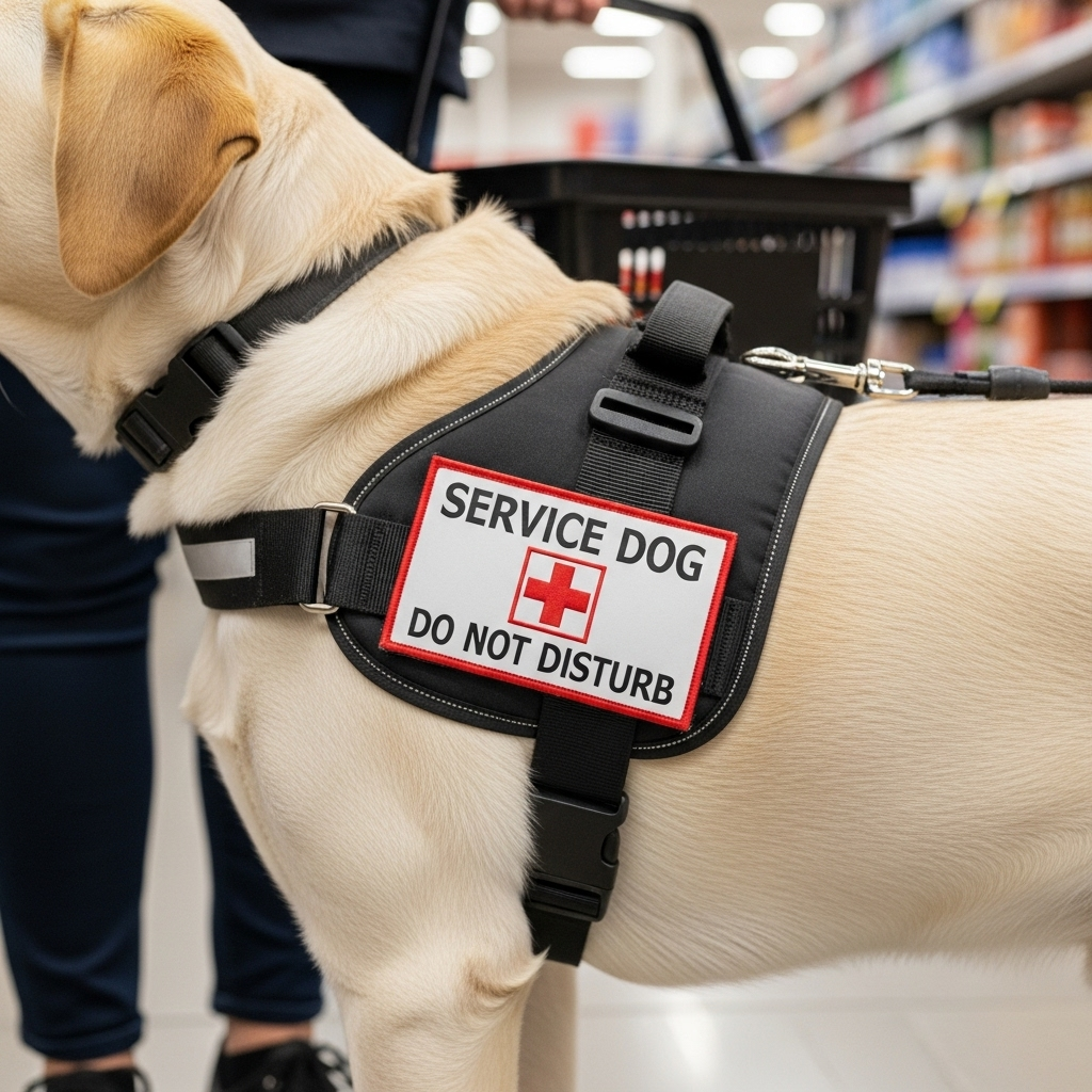 A service dog patch on a harness next to a person in a store.