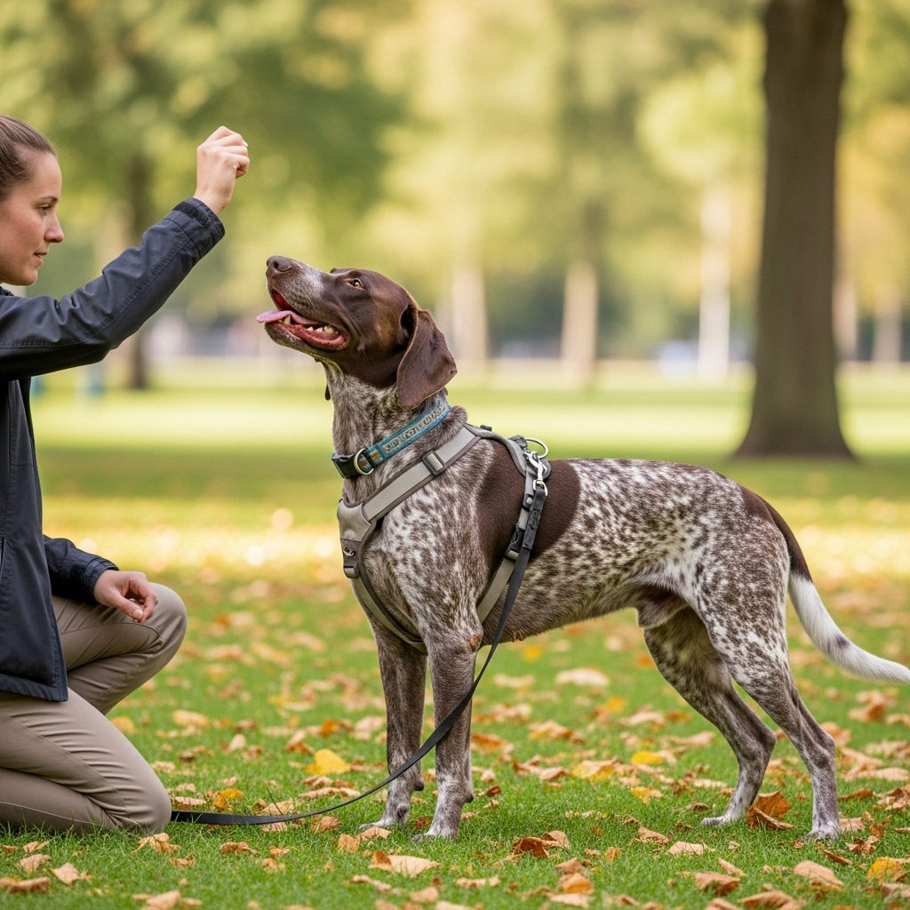 A person training a large dog with a front-clip harness and treats