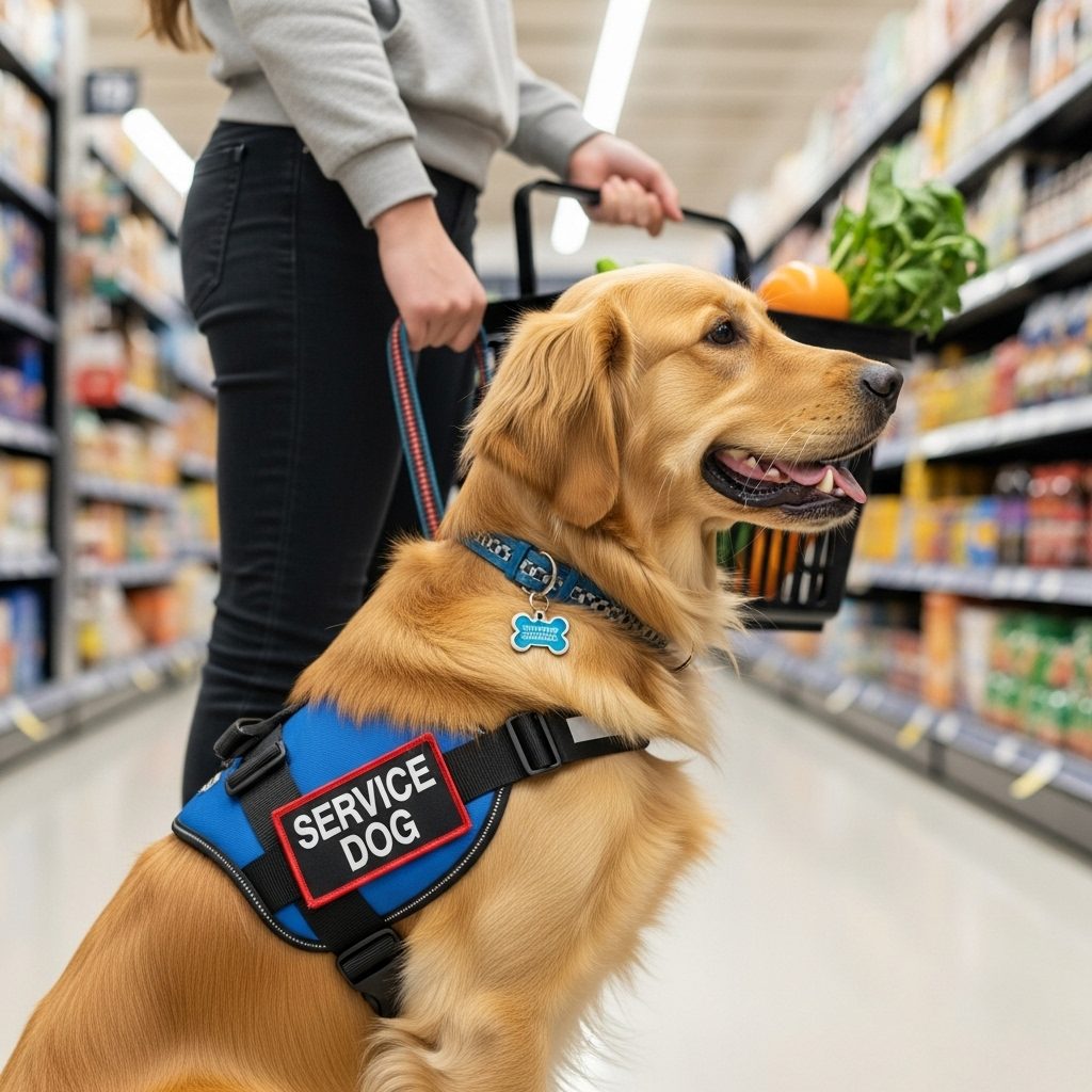 A professional-grade service dog harness on a labrador retriever.