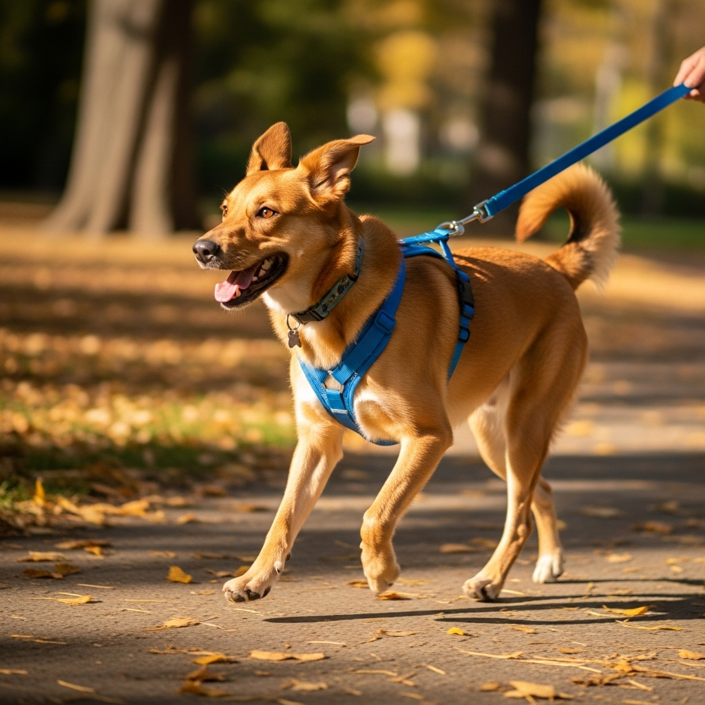 A happy dog wearing a well-fitting Y-shaped harness on a walk.