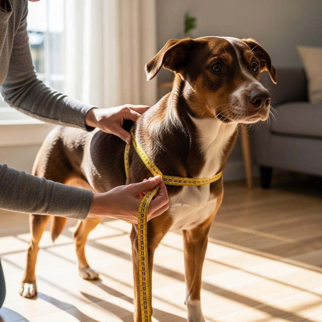A person measuring a dog's chest with a soft tape measure for a harness