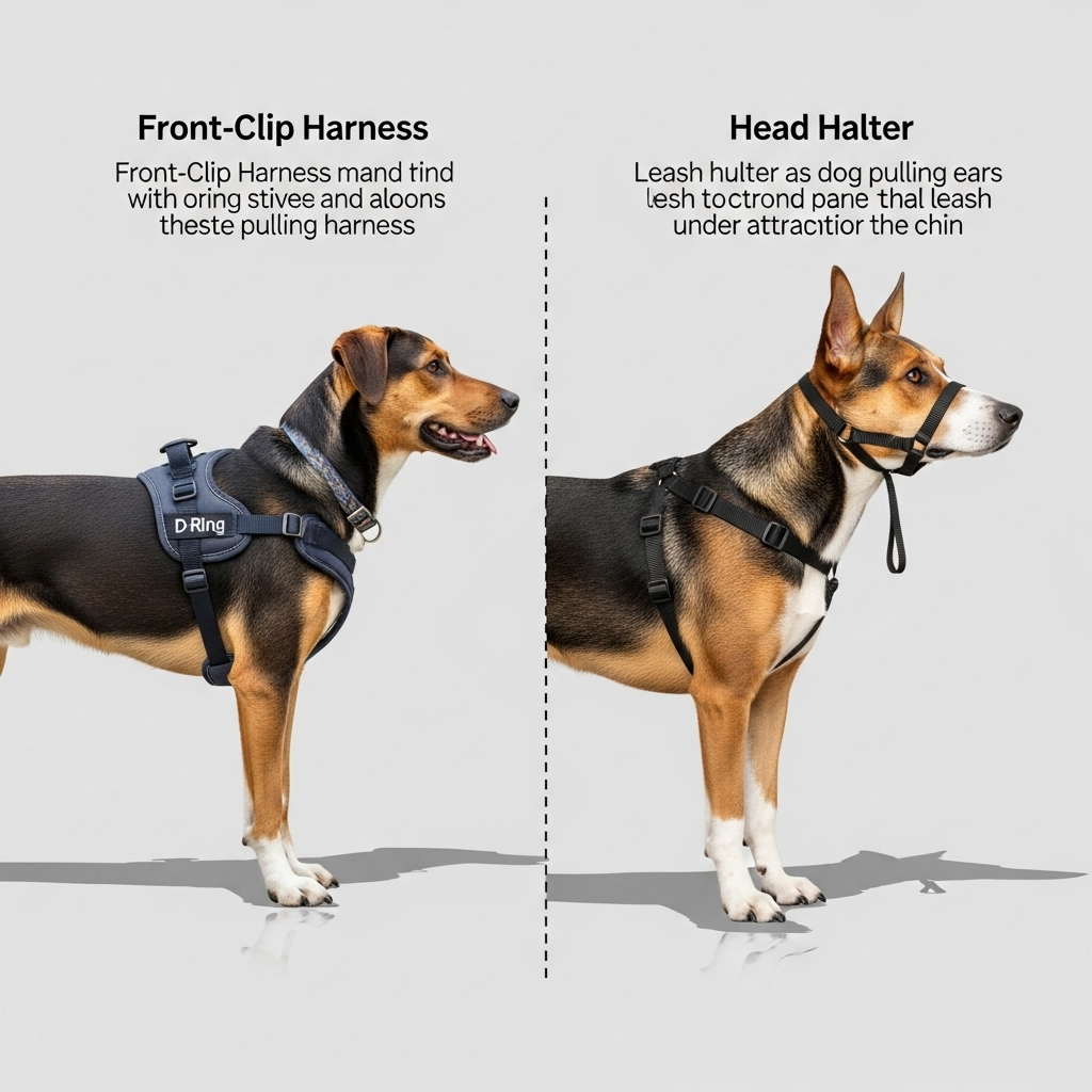 A comparison image showing a front-clip harness and a head halter