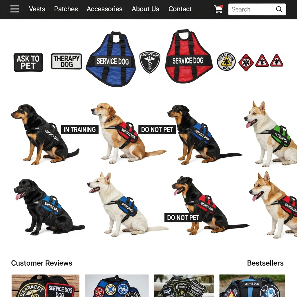 An online store selling various service dog vests and patches.