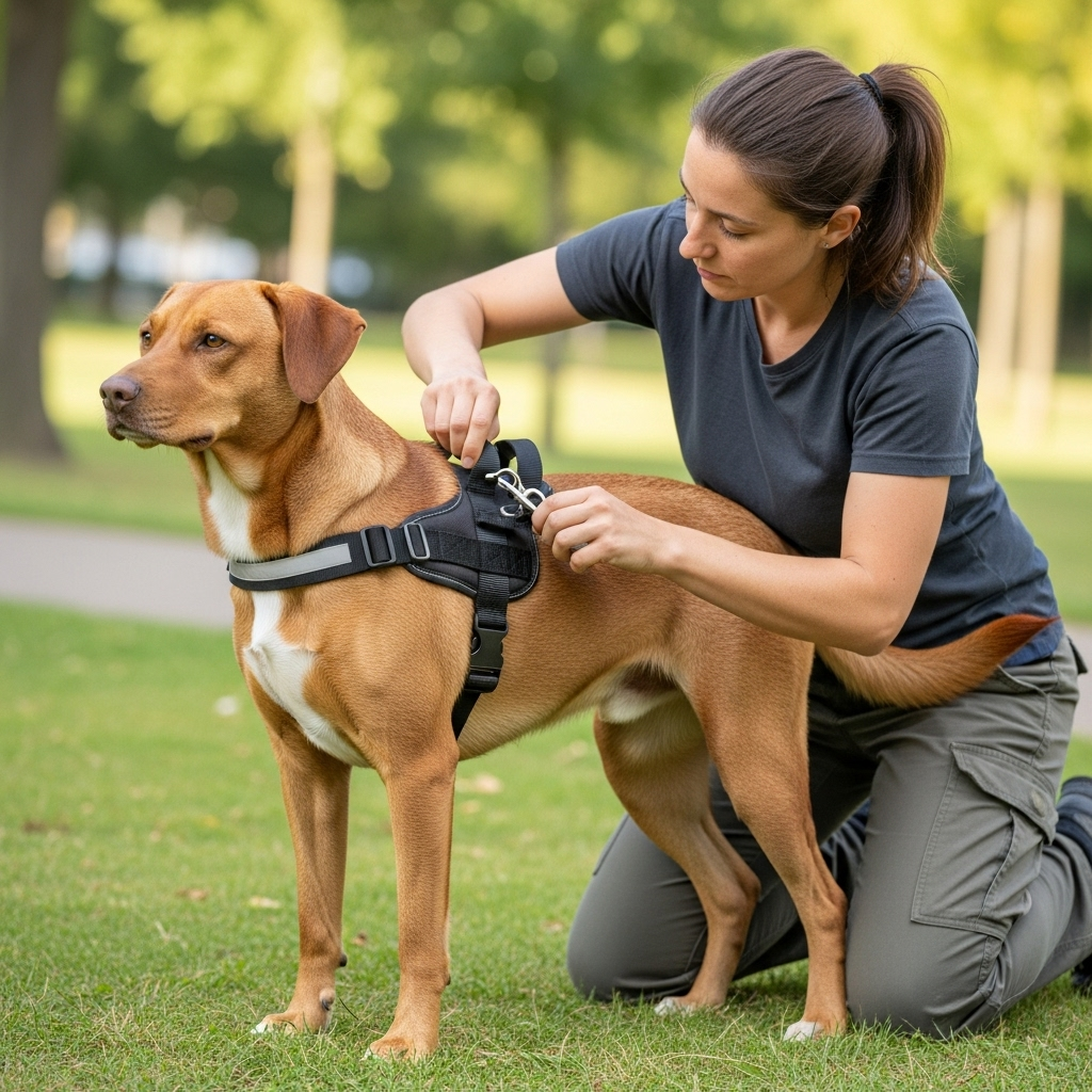 A veterinarian checking the fit of a dog harness on a happy dog