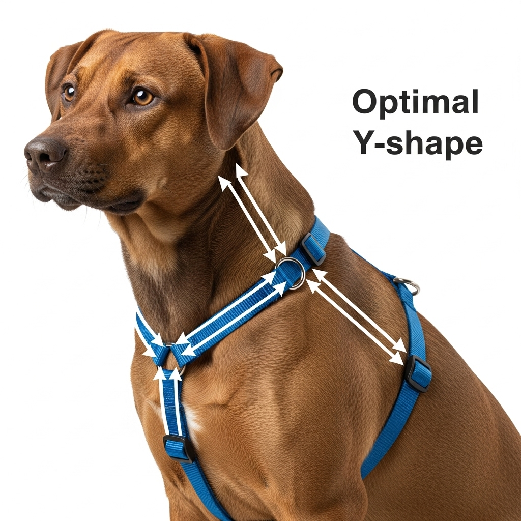 A close-up diagram showing the Y-shape of a harness on a dog's chest.