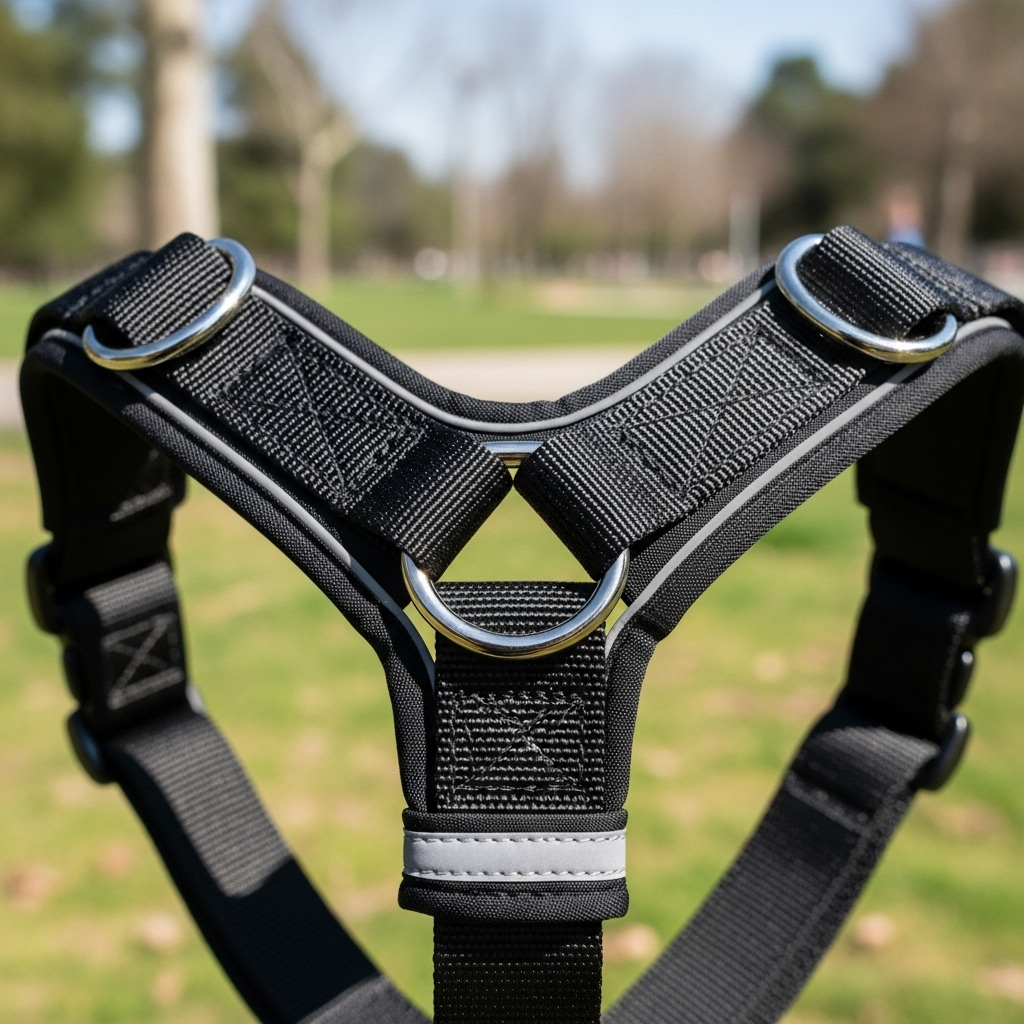 A close-up shot of a Y-shaped no-pull dog harness with two D-rings