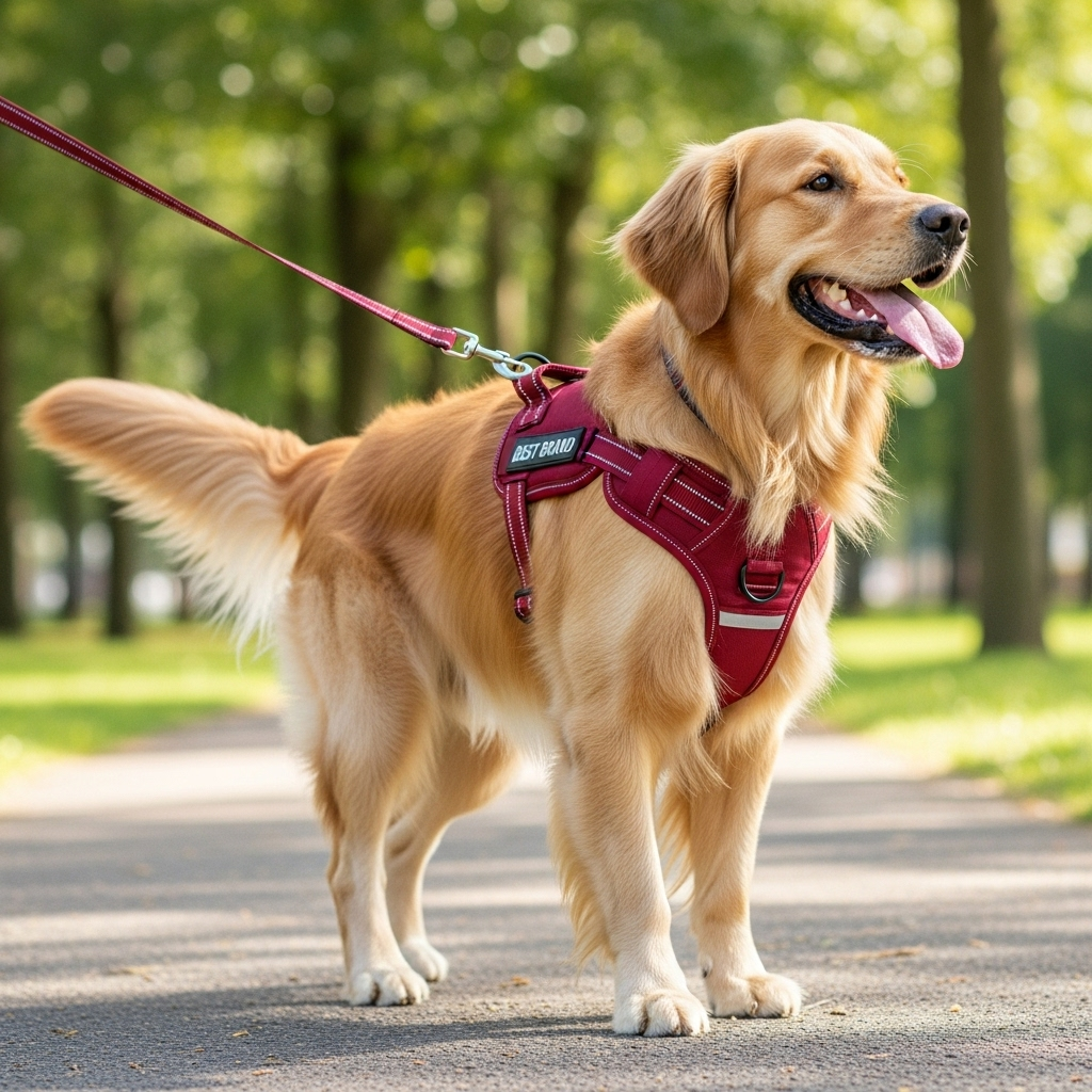 A happy Golden Retriever wearing a comfortable and secure dog harness on a walk