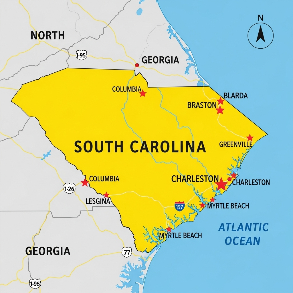 A simple map highlighting the state of South Carolina.