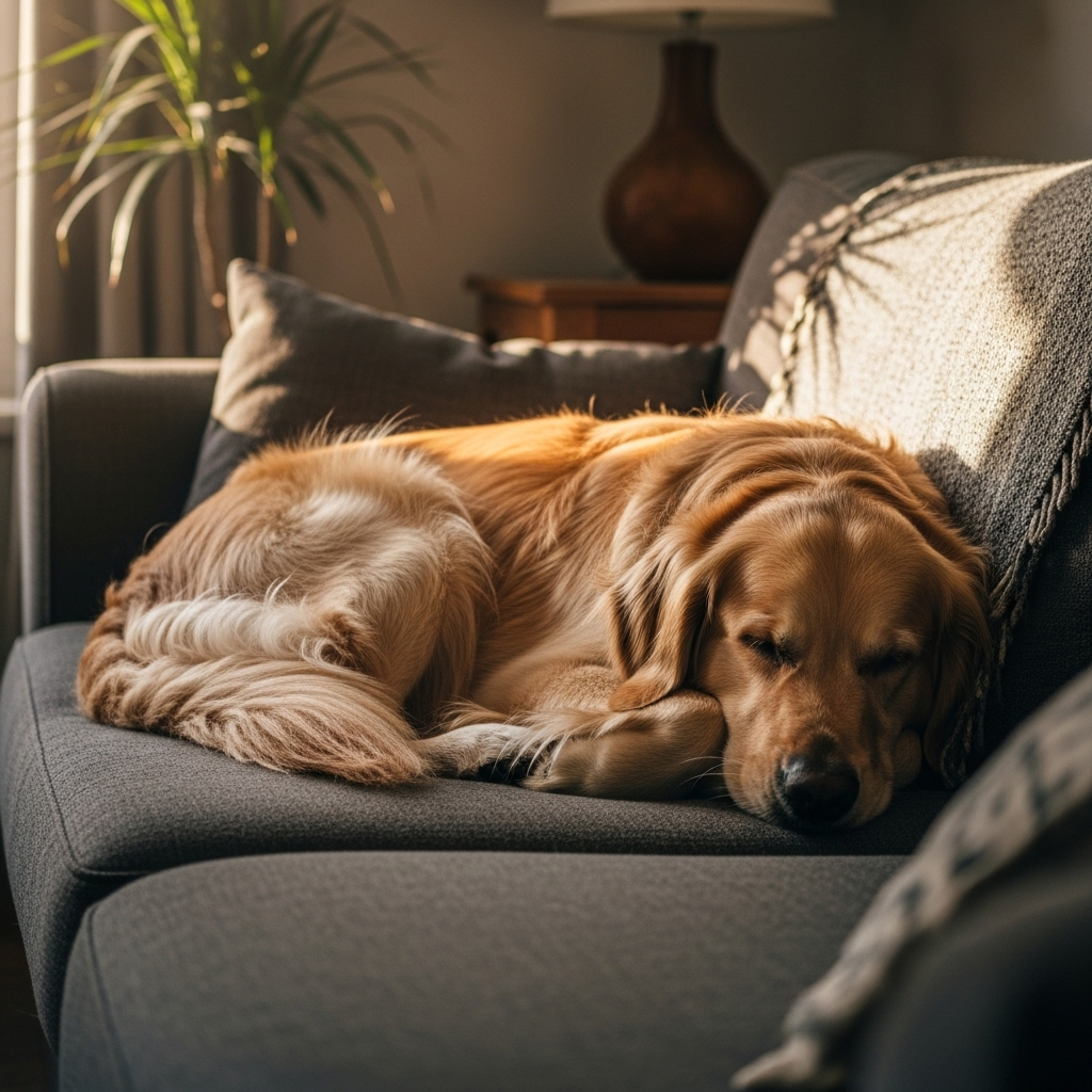 A dog relaxing peacefully on a couch without a harness on