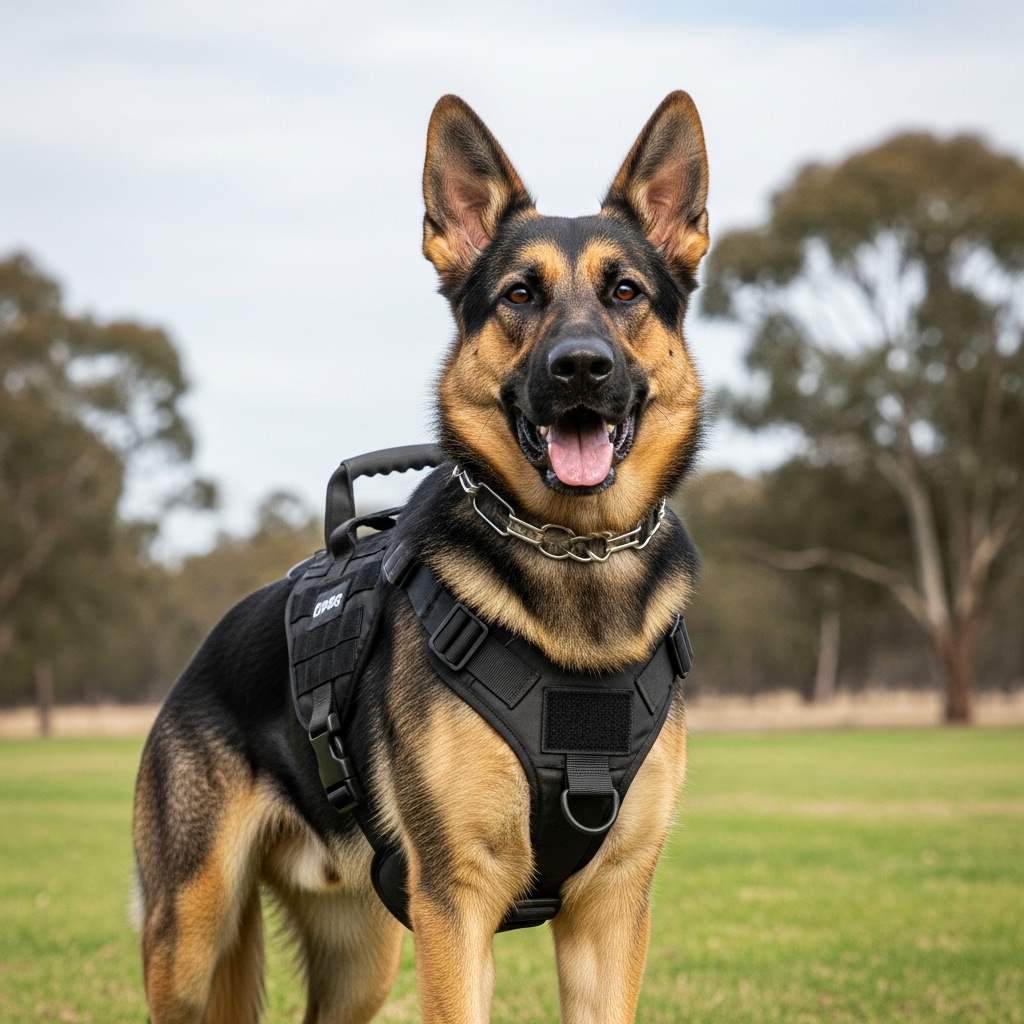 A large breed dog like a German Shepherd wearing a heavy-duty tactical-style harness