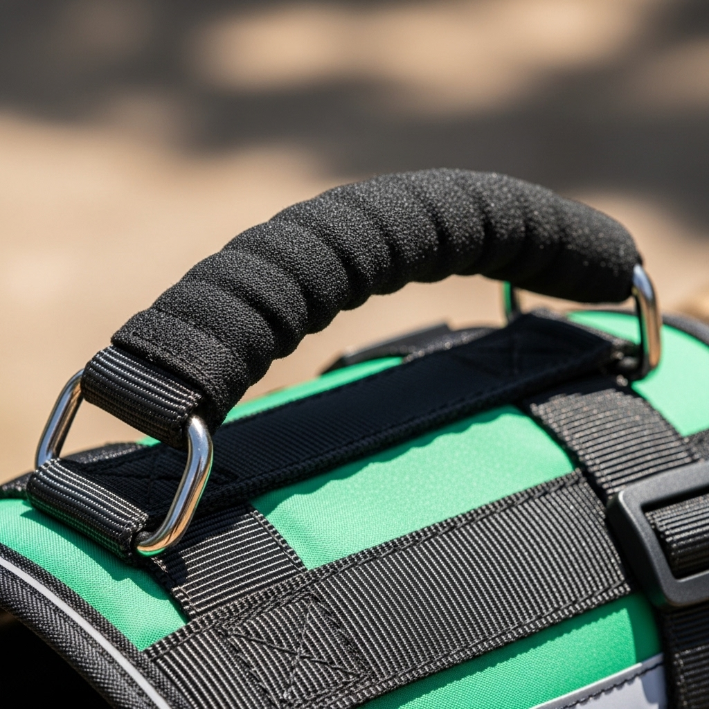 A close-up view of the durable stitching and handle on a service dog harness.