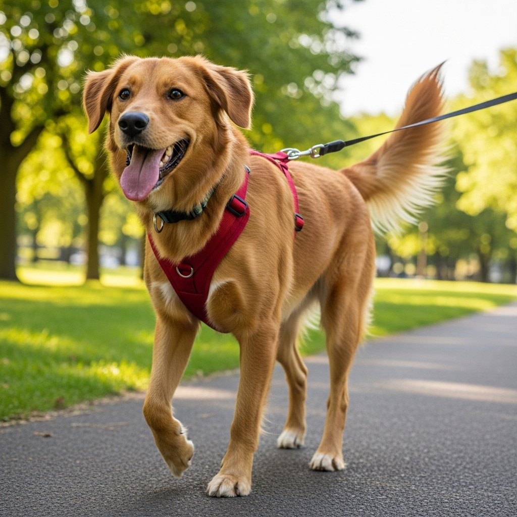 A happy dog wearing a well-fitted dog harness on a walk