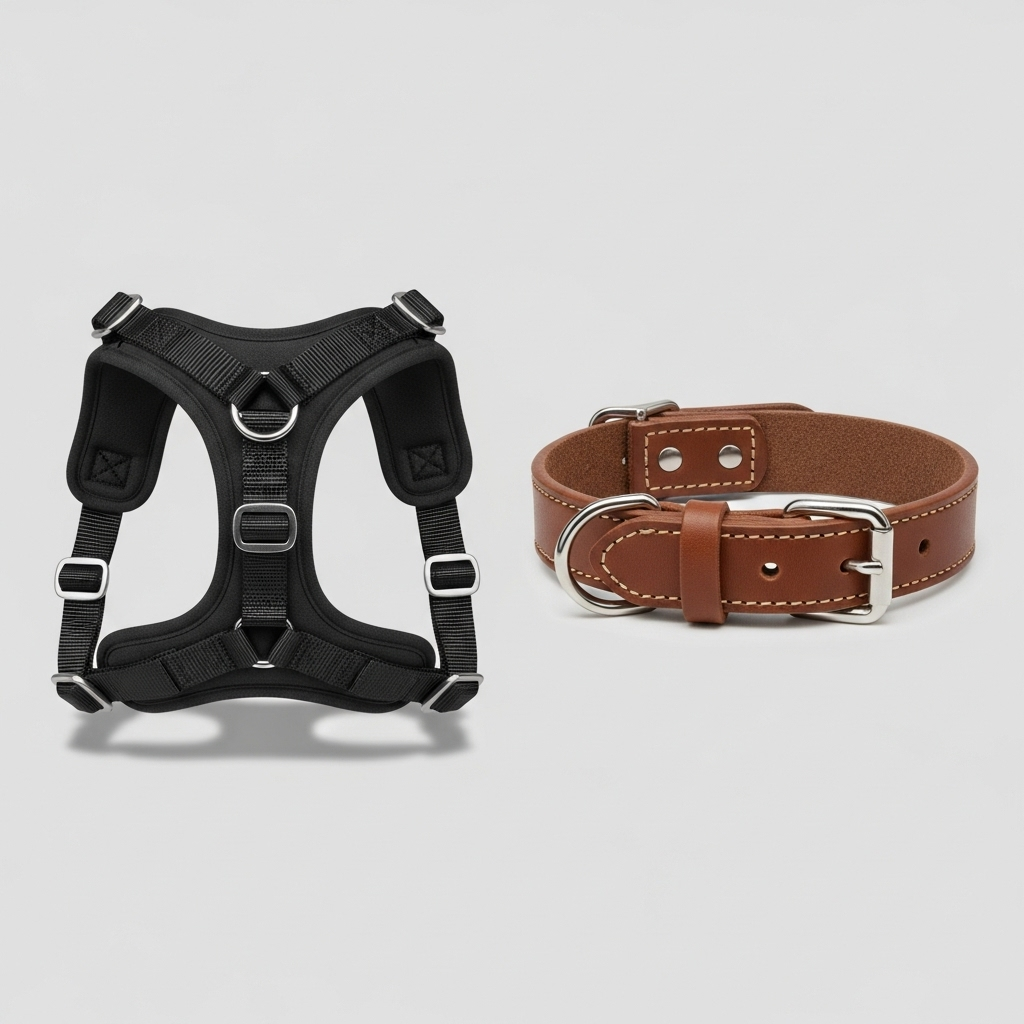 A side-by-side comparison of a dog harness and a dog collar