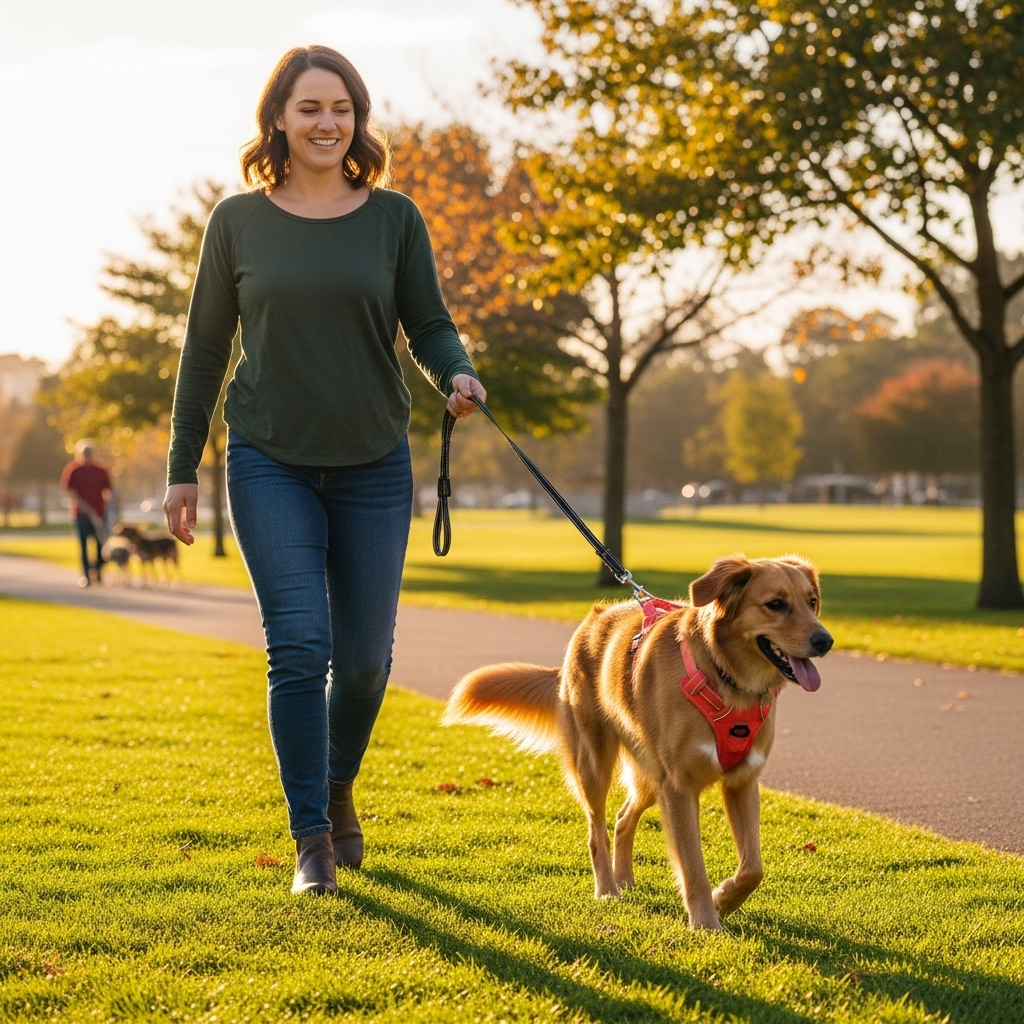 a happy owner walking their dog with a no pull harness