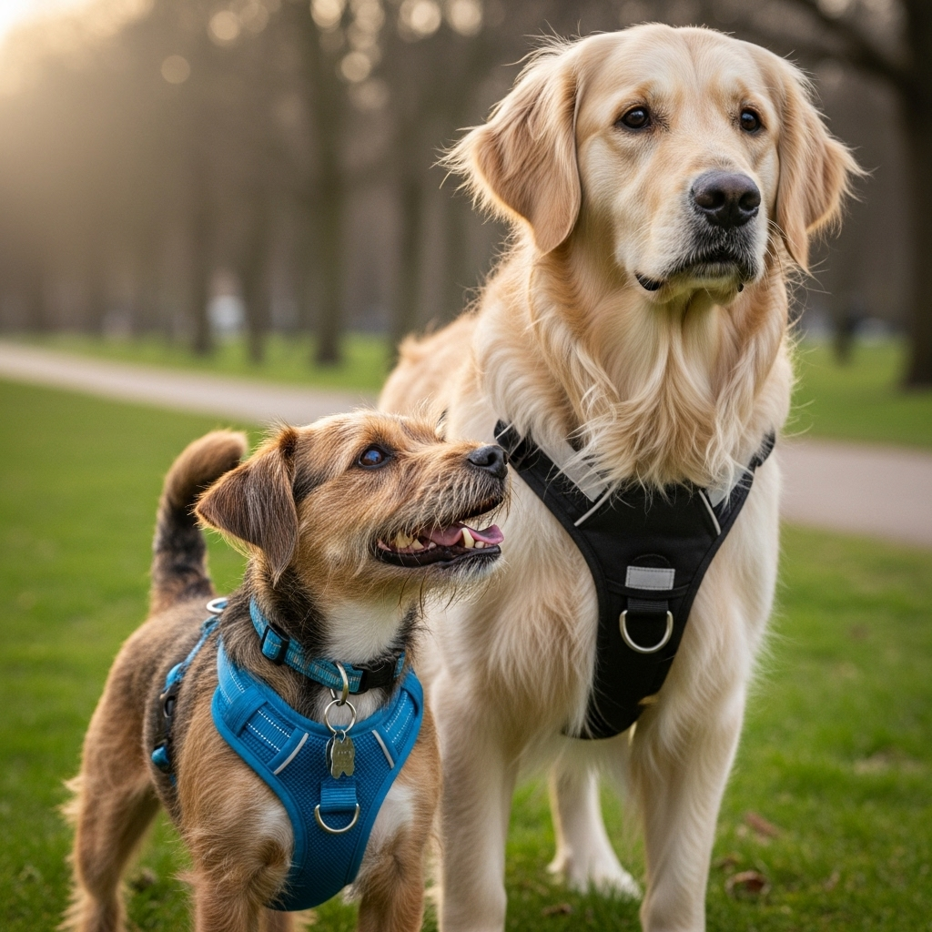 A small dog and a large dog both comfortably wearing harnesses