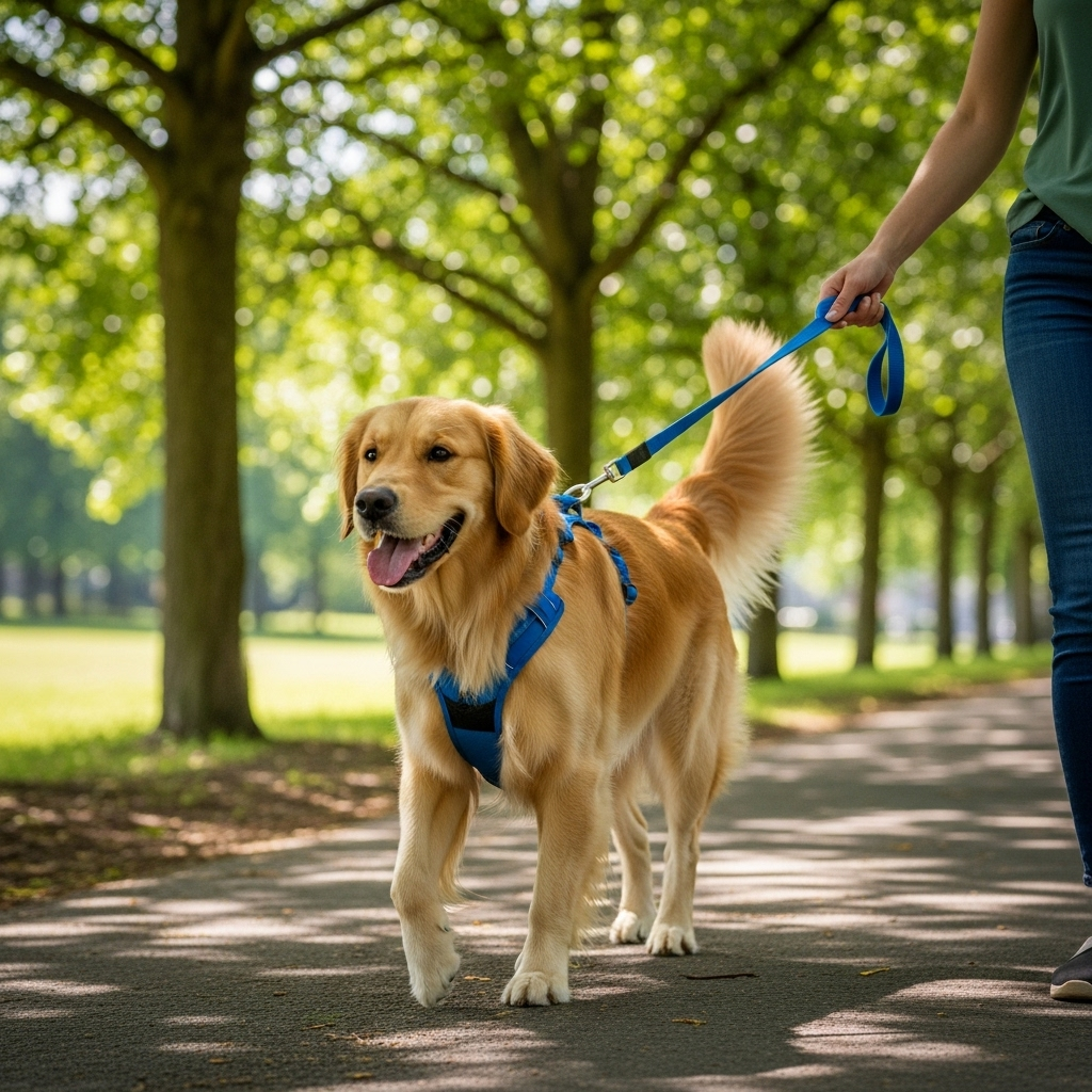 A dog walking happily in a harness next to a person