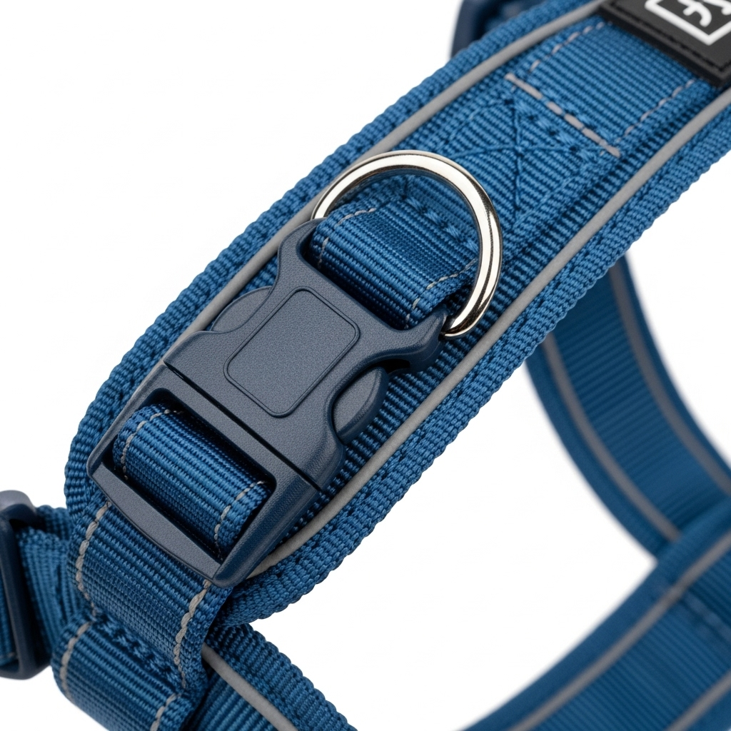 Close-up of a front-clip on a no-pull dog harness