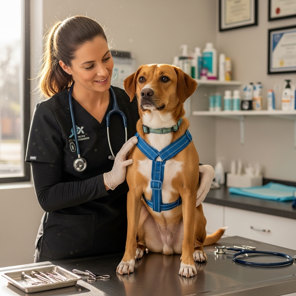 a veterinarian examining a dog wearing a well-fitted Y-shaped harness
