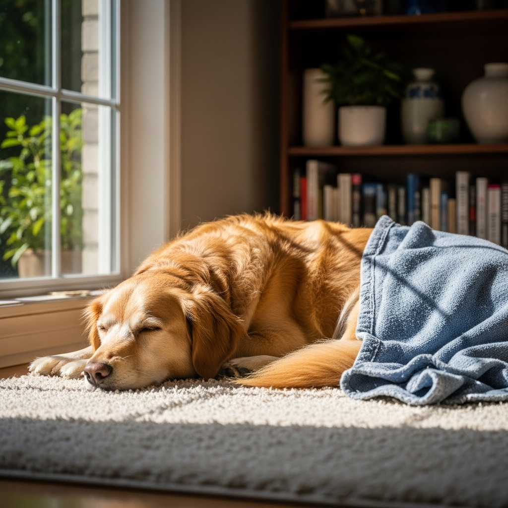 A dog resting comfortably indoors without a harness on