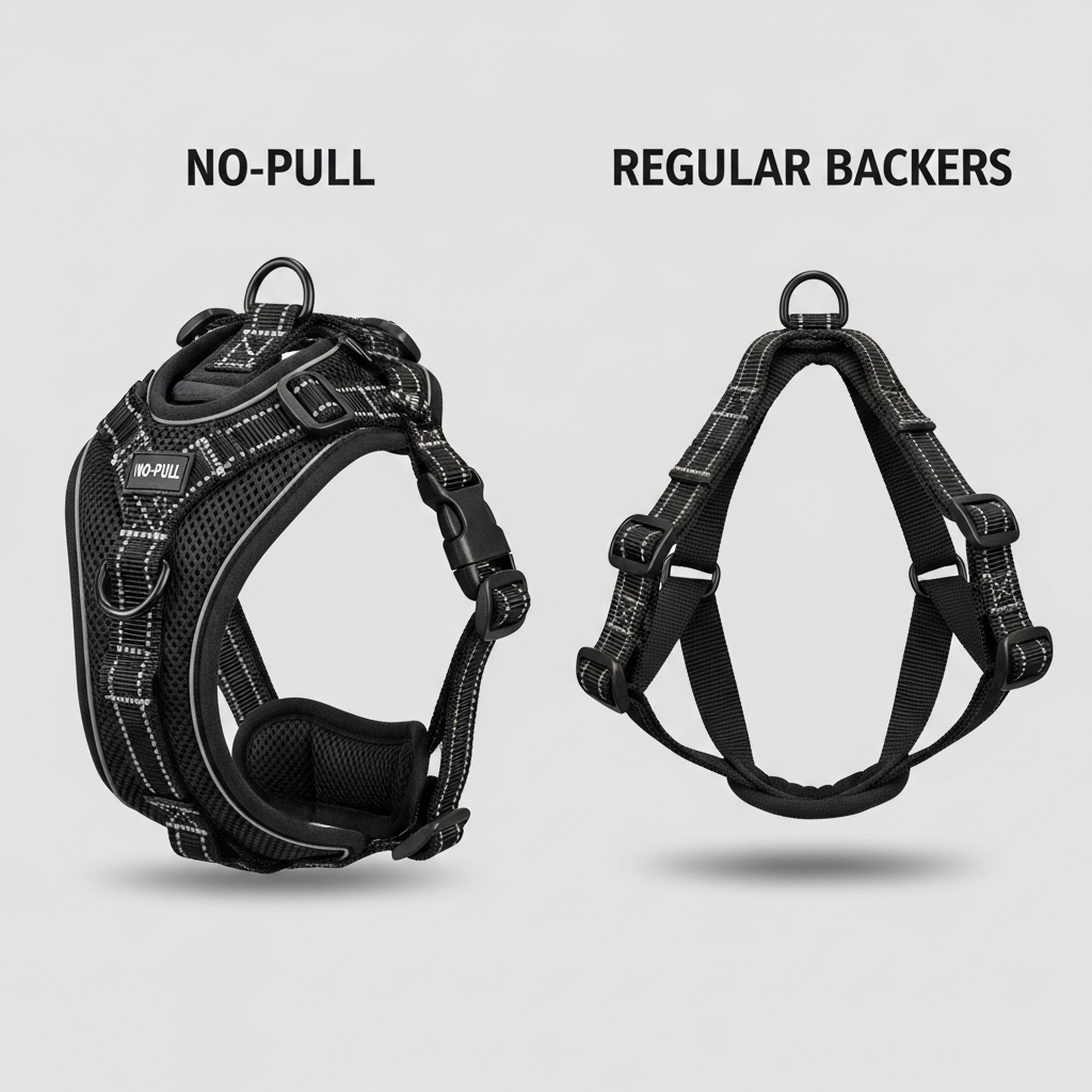 comparison image of a no-pull harness and a regular harness side-by-side