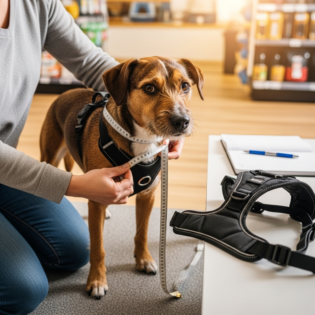 a person carefully measuring a dog for a new harness