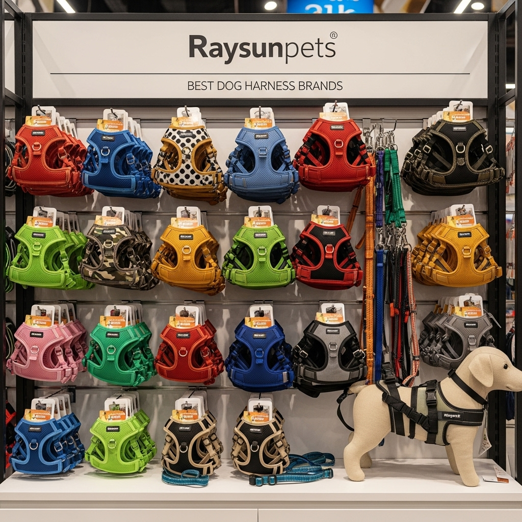 a display of different styles of dog harnesses
