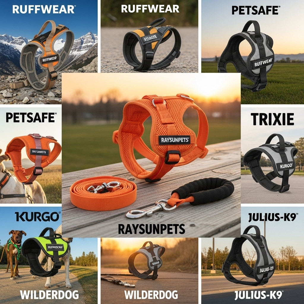 a collage of different popular dog leash and harness brands