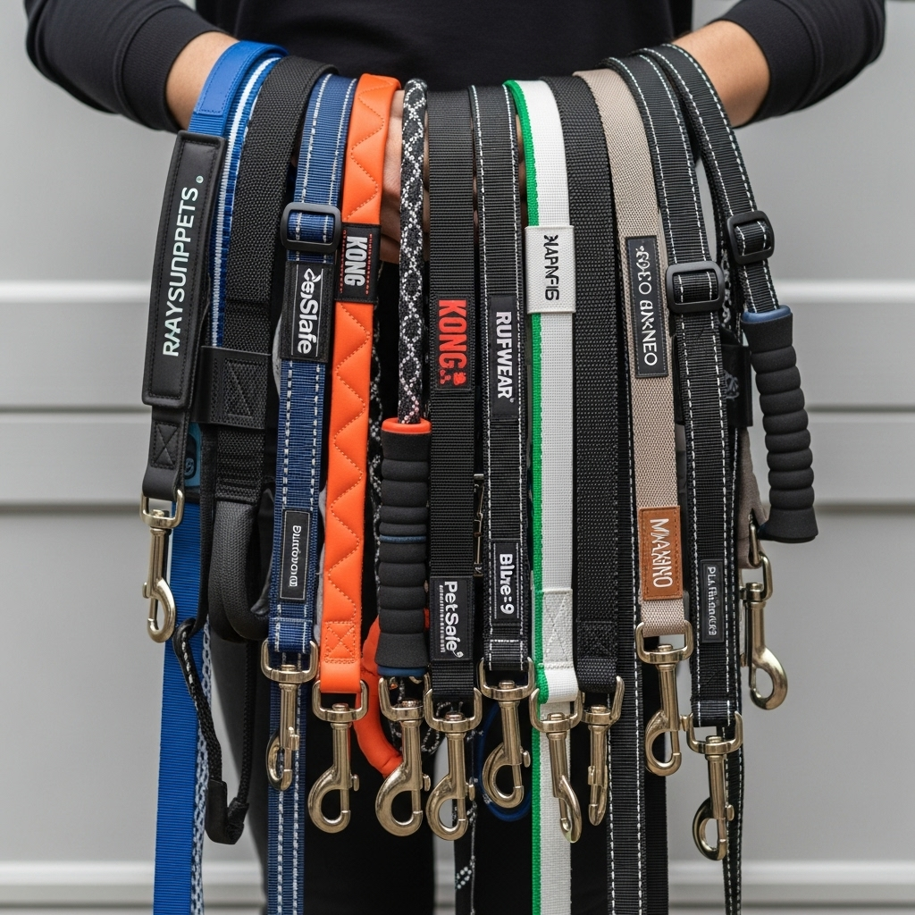 a person holding several different types of dog leashes from various brands