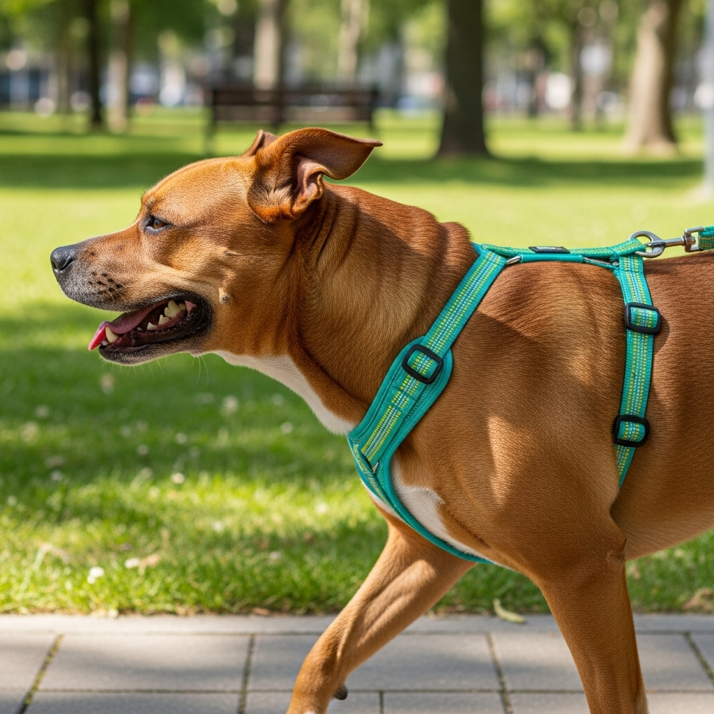 A dog walking calmly on a no-pull harness