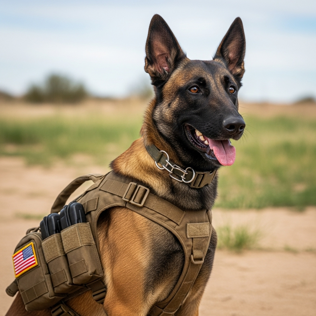 A military working dog wearing a tactical harness during a training exercise.