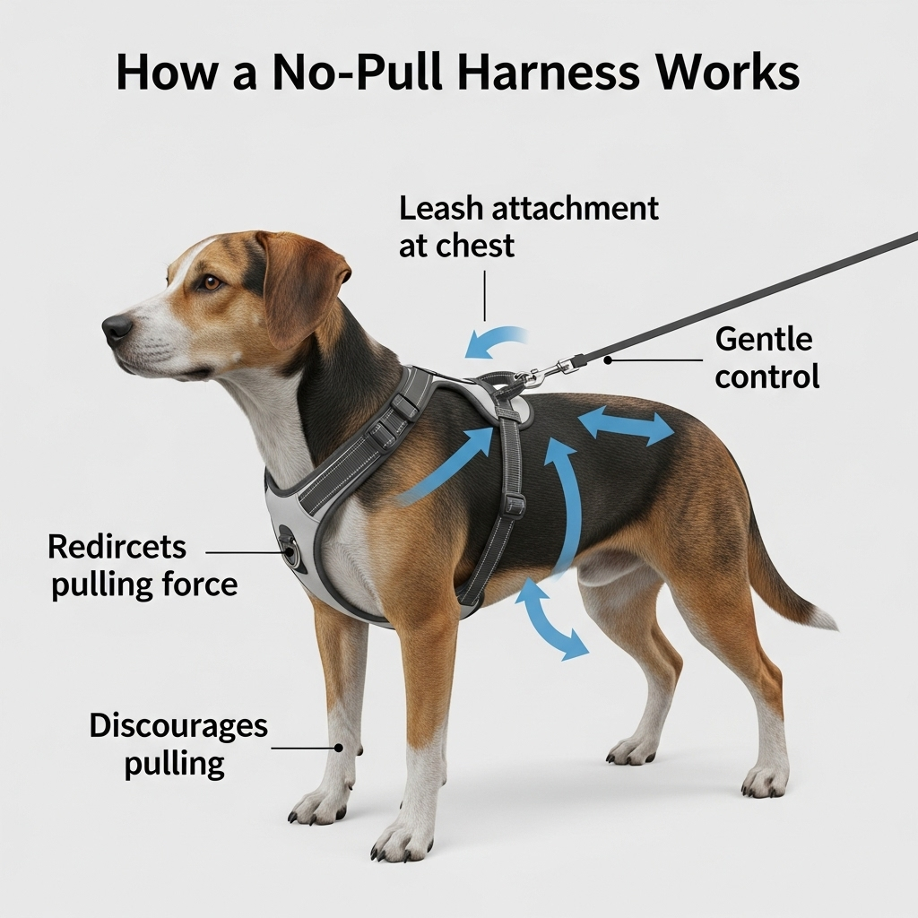 A diagram showing how a front-clip harness redirects a dog's pulling force