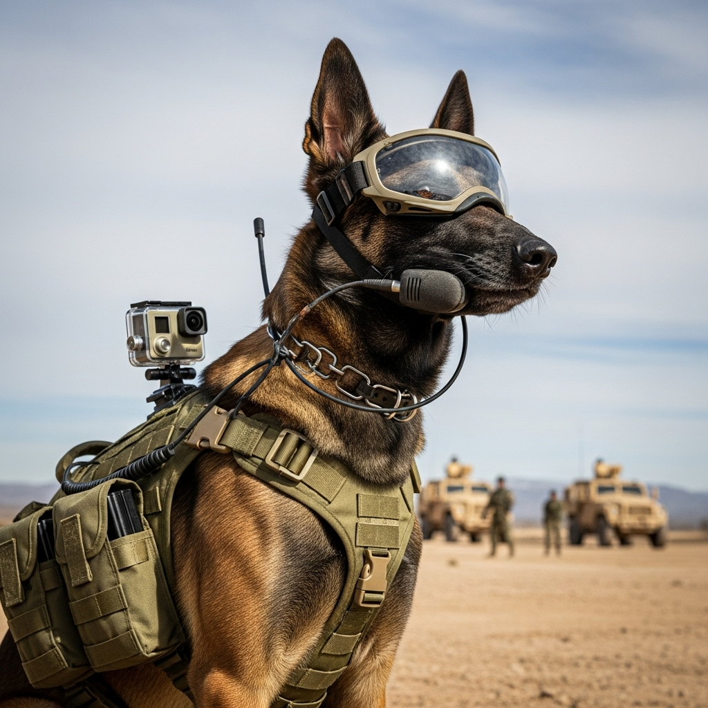 A fully equipped military dog wearing a vest, protective goggles, and booties.