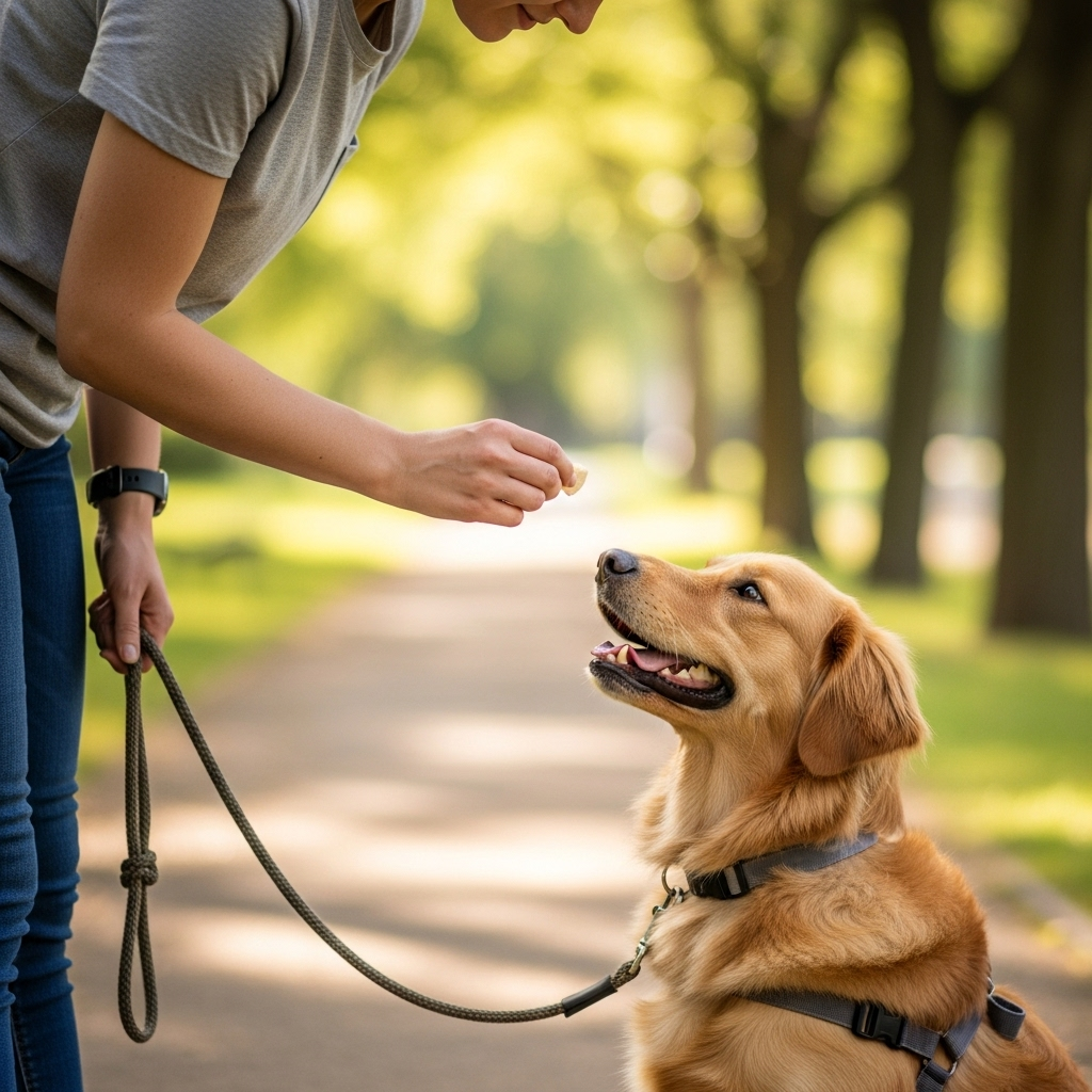 A person giving their dog a treat for walking on a loose leash
