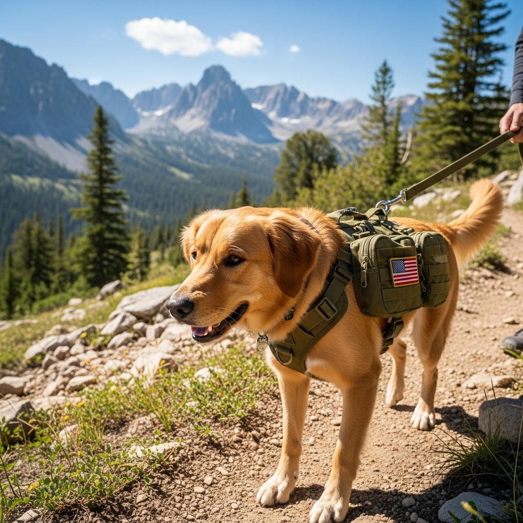 A German Shepherd wearing a tactical harness while hiking on a mountain trail.