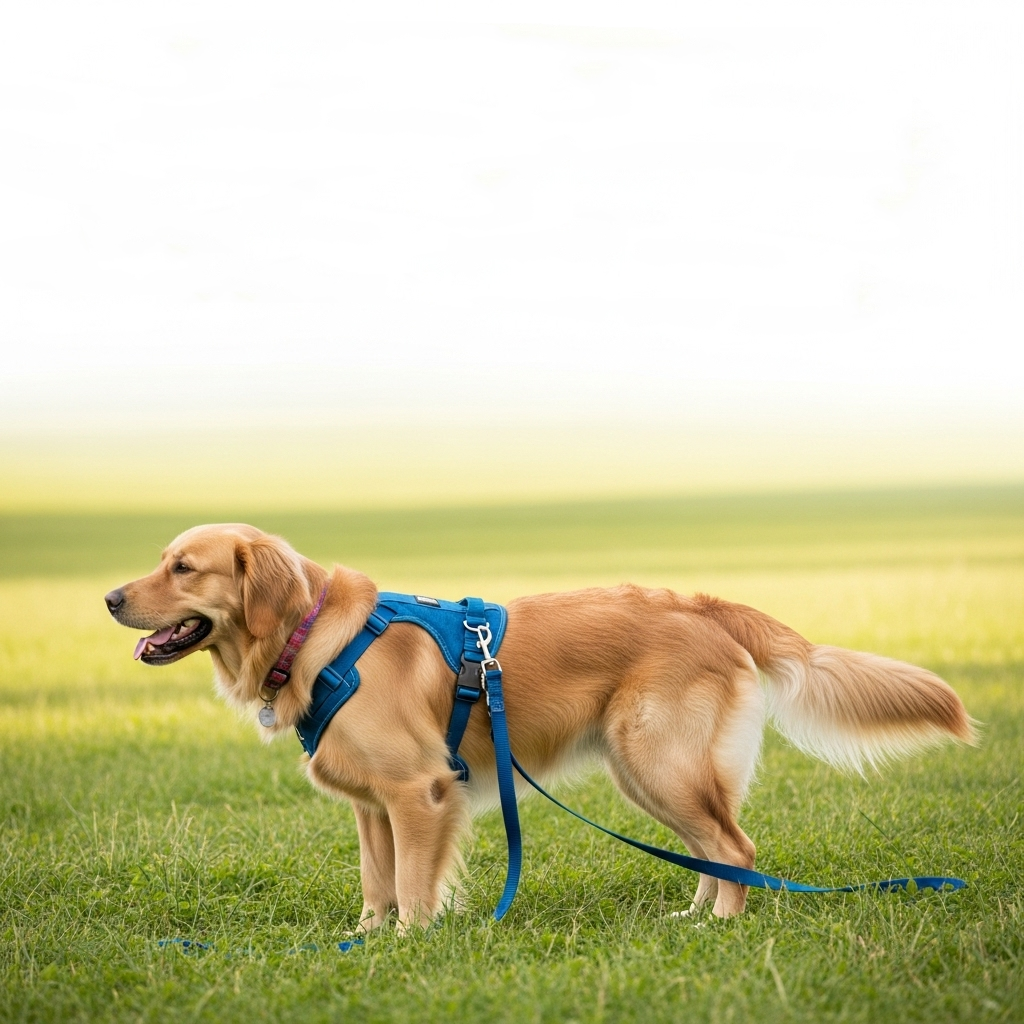 A calm golden retriever wearing a well-fitted no-pull harness on a walk