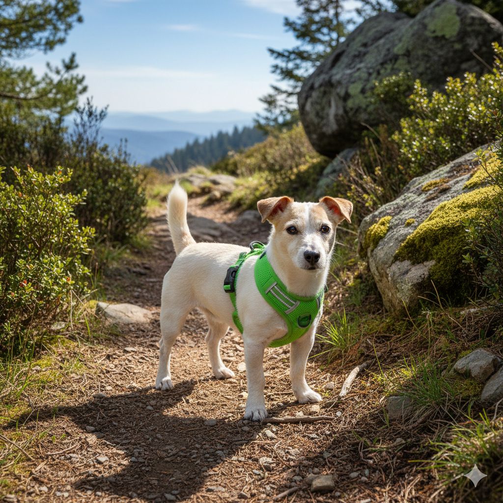 A dog on a hiking trail wearing a lightweight, ergonomic, and breathable harness.