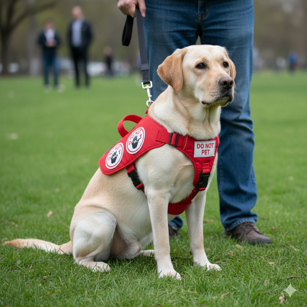 A Labrador service dog wearing a red vest with "Do Not Pet" patches