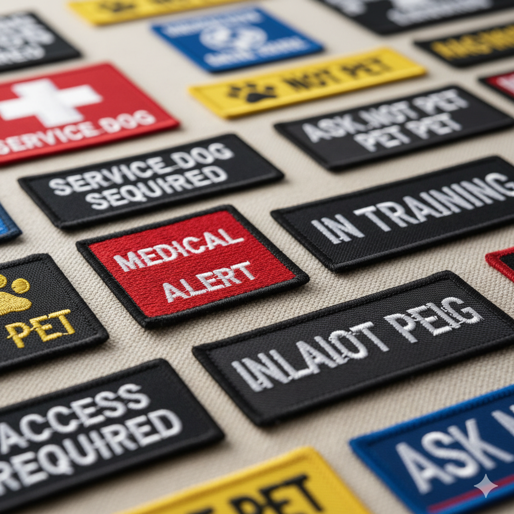 A close-up of different service dog patches like "Medical Alert" and "In Training"