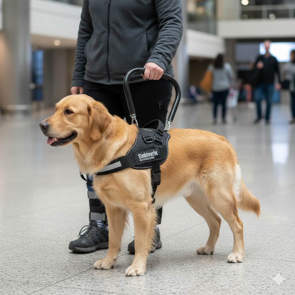 A person using a mobility service dog with a rigid handle harness for support