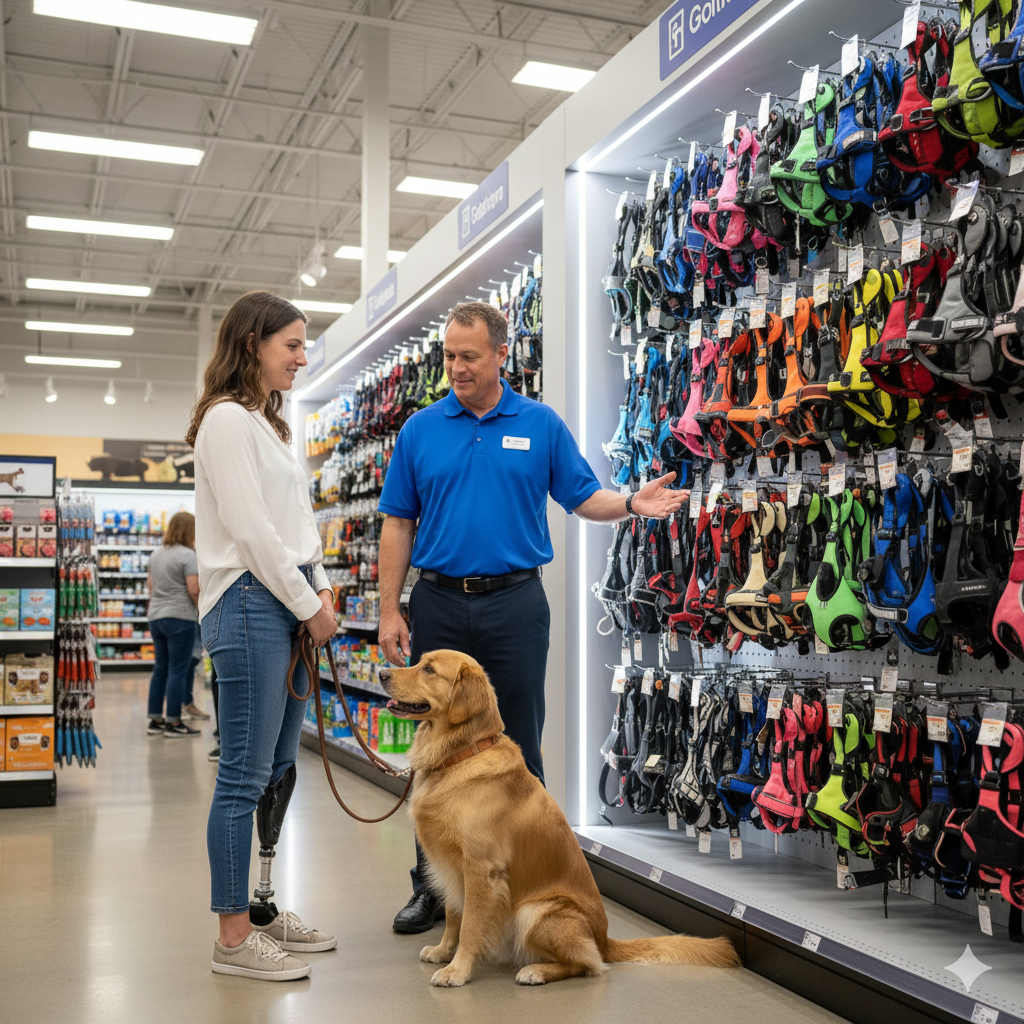 A service dog handler calmly talking to a store manager, the dog is not wearing a vest