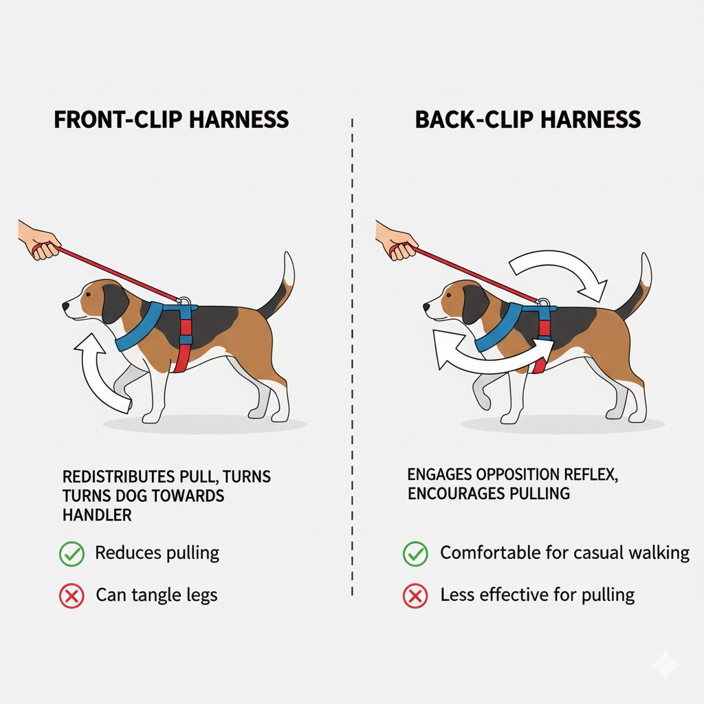 Diagram comparing the mechanics of a front-clip versus a back-clip harness
