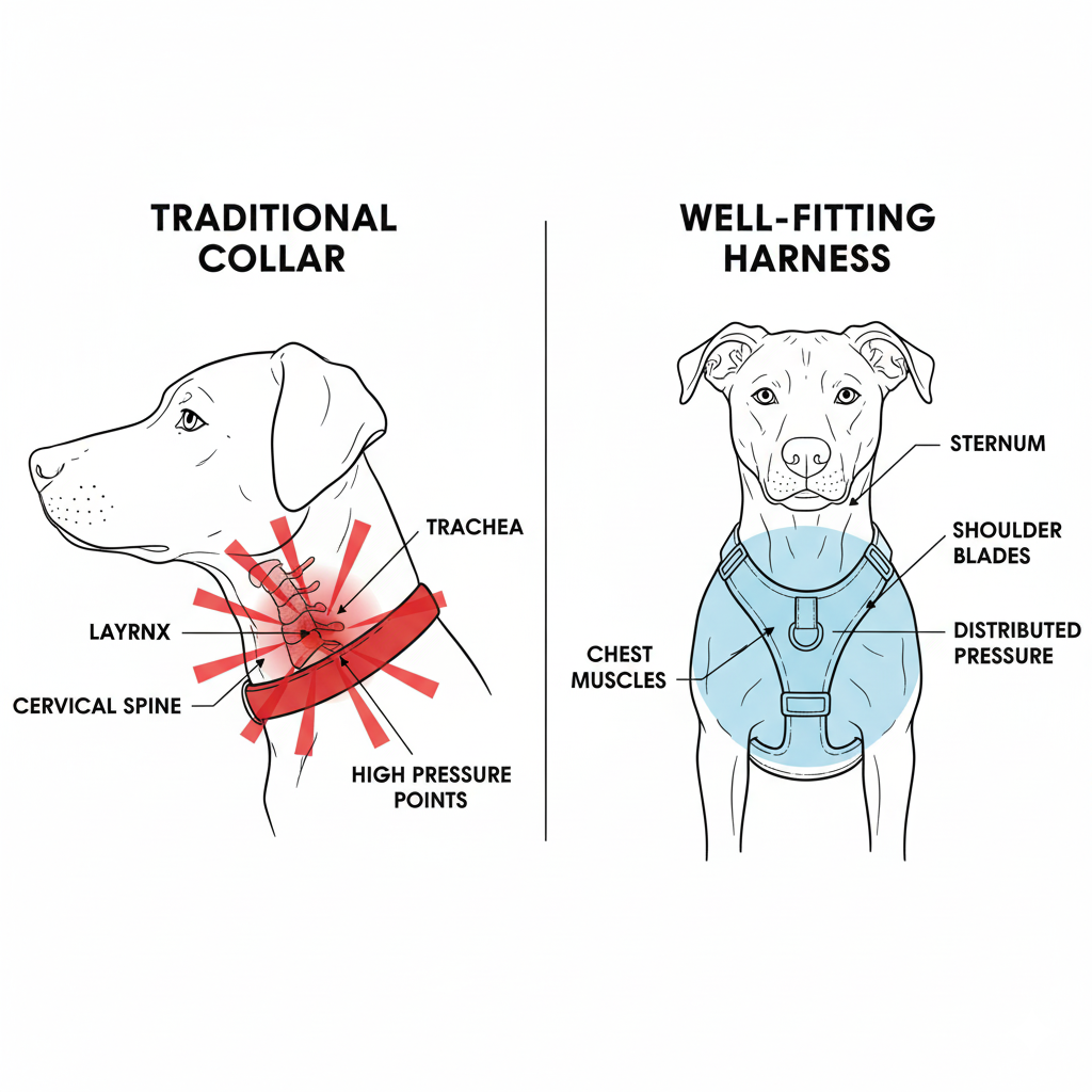 A diagram showing how collar pressure hotspots on the neck vs. how harness pressure is distributed across the chest