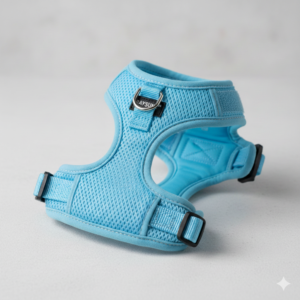 A close-up of a lightweight, breathable mesh vest harness designed for small dogs