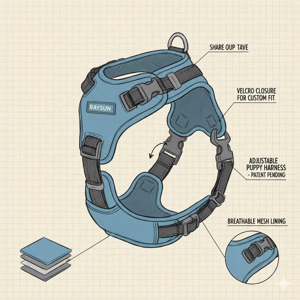 Design sketch of an adjustable puppy harness