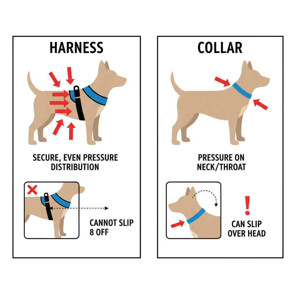 A diagram showing how a harness secures a dog's torso compared to a collar that can slip over the head