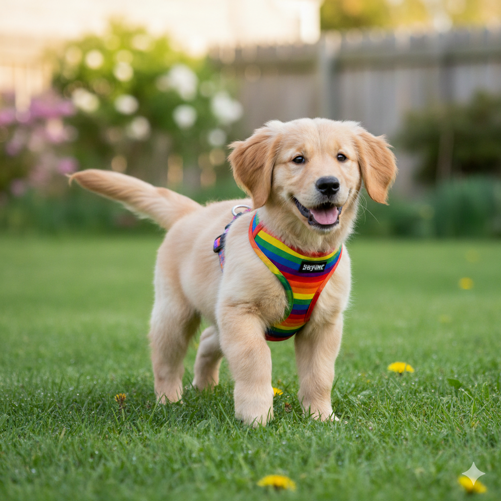 A small puppy happily wearing a colorful, well-fitting harness on the grass