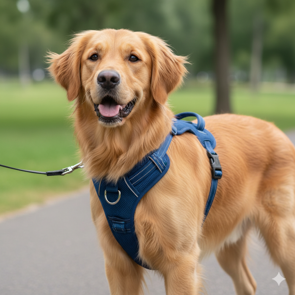A dog wearing a well-fitted no-pull harness.