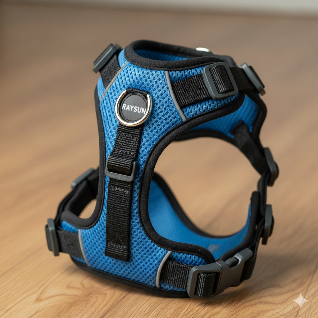 Close-up of a multi-point adjustable puppy harness with front and back clips